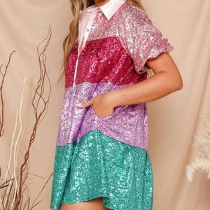 Peach Love California Sequined Mini Babydoll Dress, L